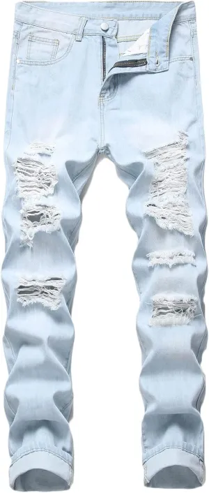 Mens Ripped Jeans Slim Fit Straight Leg Denim Pants Distressed Destroyed Boyfriend Jeans with Pockets