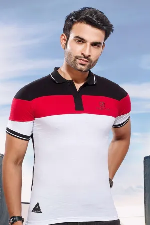 Men's White and Red Cotton T-shirt with Polo collar