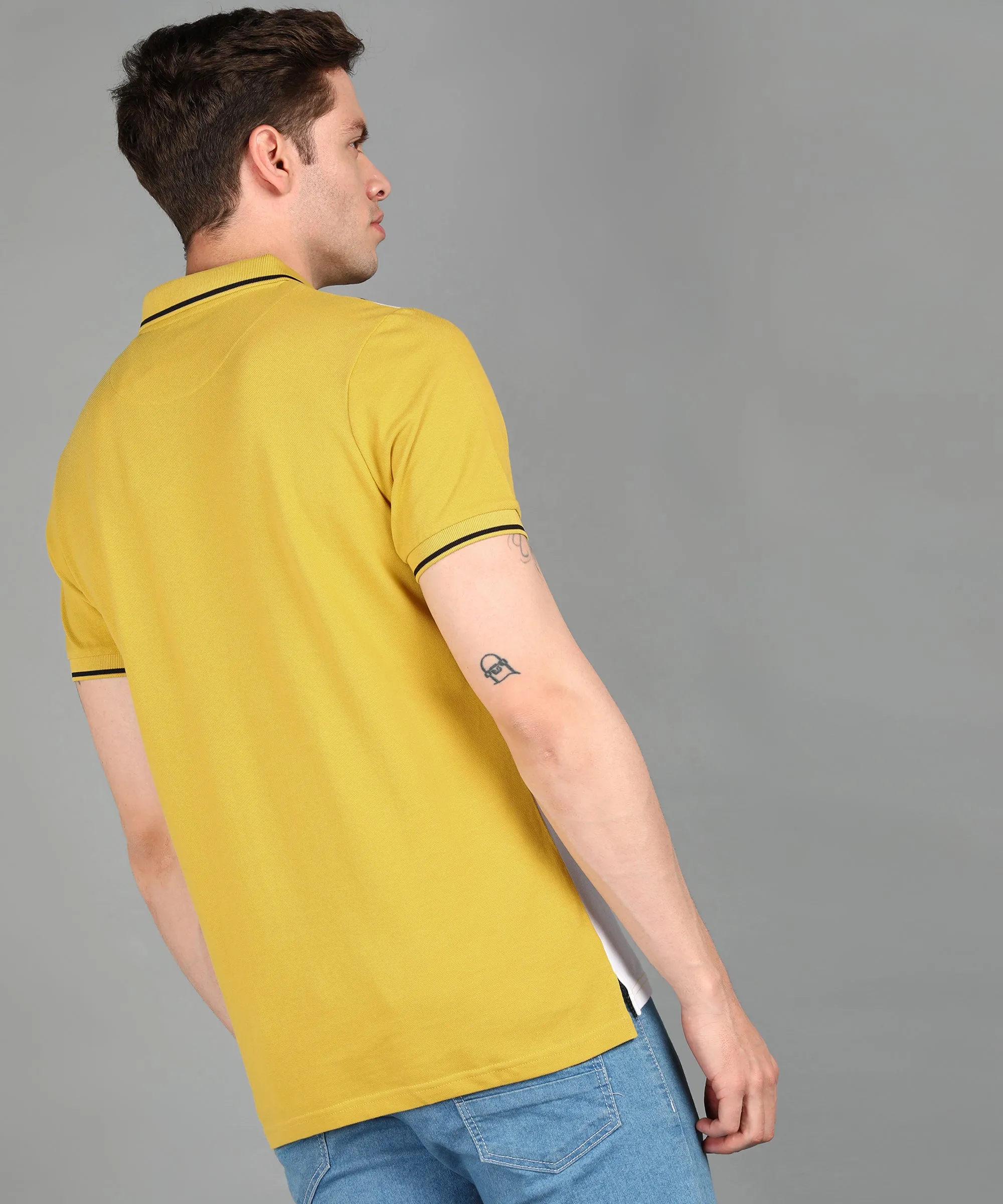 Men's Yellow, White, Black Colour-Block Slim Fit Half Sleeve Cotton Polo T-Shirt