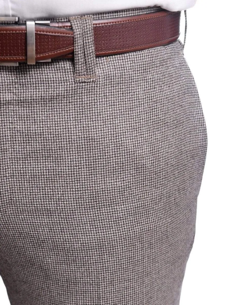 Napoli Slim Fit Brown Houndstooth Flat Front Wool Dress Pants