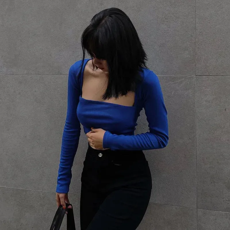 New Long Sleeves Casual Bodycon Sexy Crop Top Streetwear Fashion Crop Autumn Top
