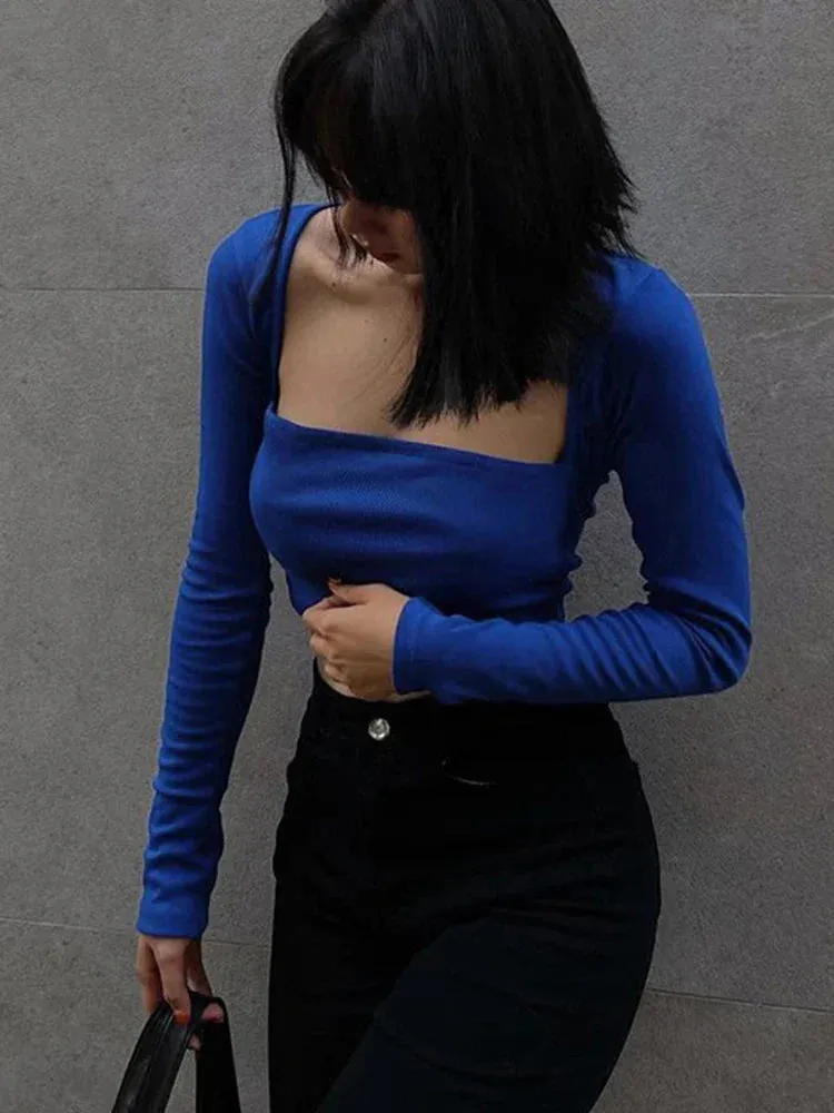 New Long Sleeves Casual Bodycon Sexy Crop Top Streetwear Fashion Crop Autumn Top