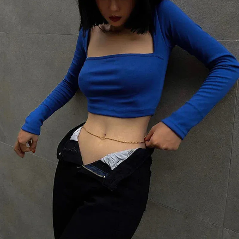 New Long Sleeves Casual Bodycon Sexy Crop Top Streetwear Fashion Crop Autumn Top