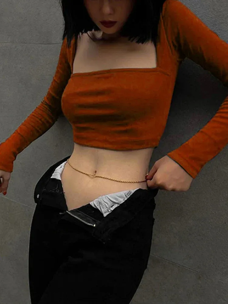 New Long Sleeves Casual Bodycon Sexy Crop Top Streetwear Fashion Crop Autumn Top
