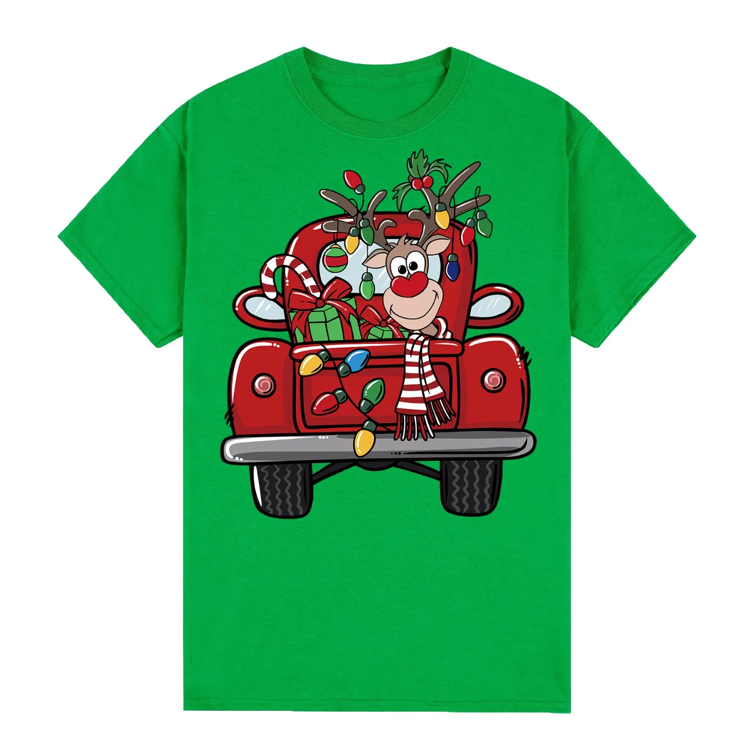 NNEDSZ 100% Cotton Christmas T-shirt Adult Unisex Tee Tops Funny Santa Party Custume, Car with Reindeer (Green), 3XL