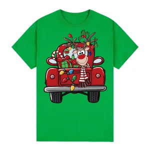 NNEDSZ 100% Cotton Christmas T-shirt Adult Unisex Tee Tops Funny Santa Party Custume, Car with Reindeer (Green), 3XL
