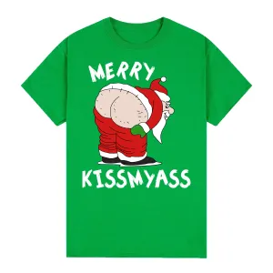 NNEDSZ 100% Cotton Christmas T-shirt Adult Unisex Tee Tops Funny Santa Party Custume, Merry Kissmyass (Green), XL