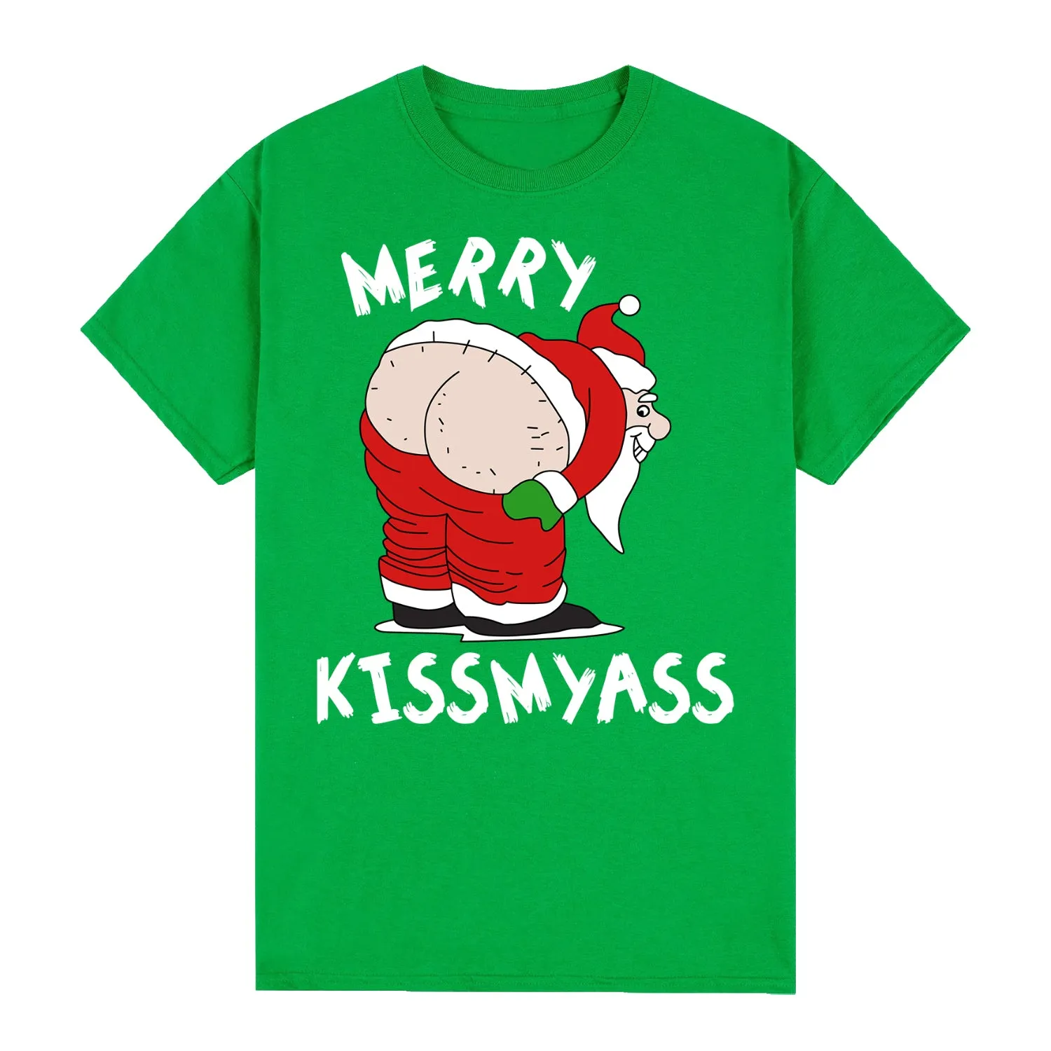 NNEDSZ 100% Cotton Christmas T-shirt Adult Unisex Tee Tops Funny Santa Party Custume, Merry Kissmyass (Green), XL