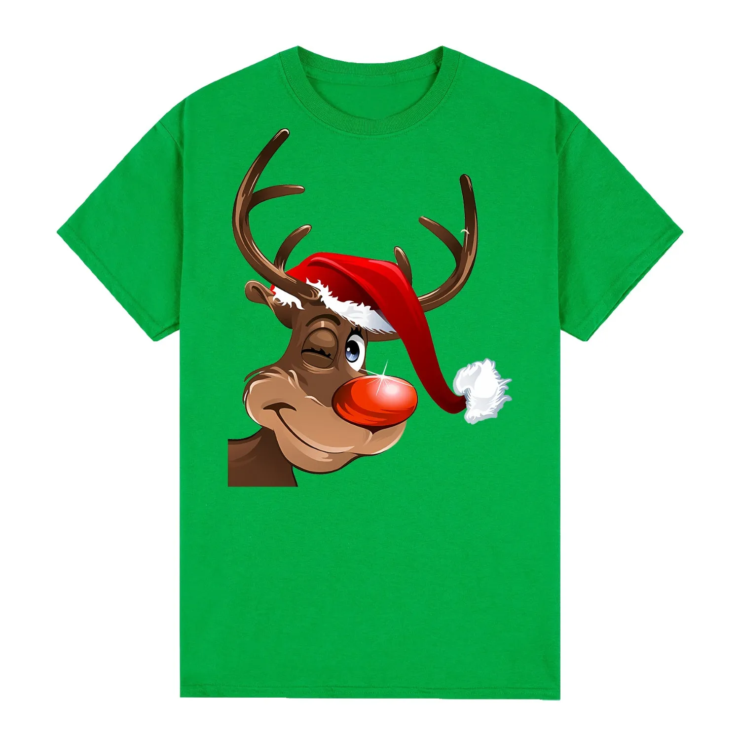 NNEDSZ 100% Cotton Christmas T-shirt Adult Unisex Tee Tops Funny Santa Party Custume, Reindeer Wink (Green), S