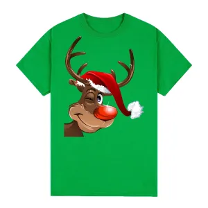 NNEDSZ 100% Cotton Christmas T-shirt Adult Unisex Tee Tops Funny Santa Party Custume, Reindeer Wink (Green), S
