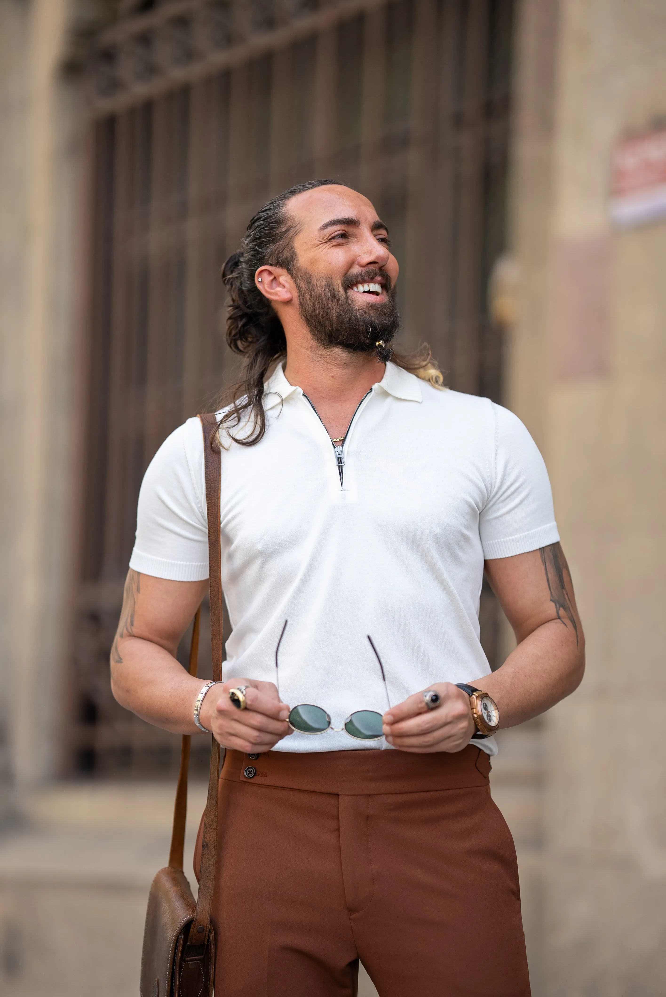 Oliver Slim Fit White Zippered Polo Tees