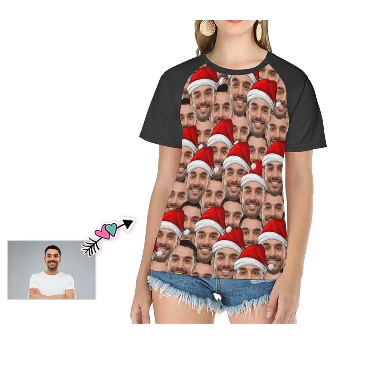 Personalized My Face on A Shirt Cute Christmas Hat Women's All Over Print T-shirt Design Your Own Shirts Gift for Xmas