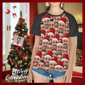 Personalized My Face on A Shirt Cute Christmas Hat Women's All Over Print T-shirt Design Your Own Shirts Gift for Xmas
