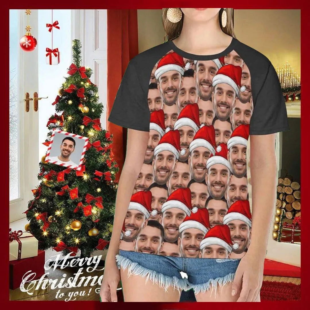 Personalized My Face on A Shirt Cute Christmas Hat Women's All Over Print T-shirt Design Your Own Shirts Gift for Xmas