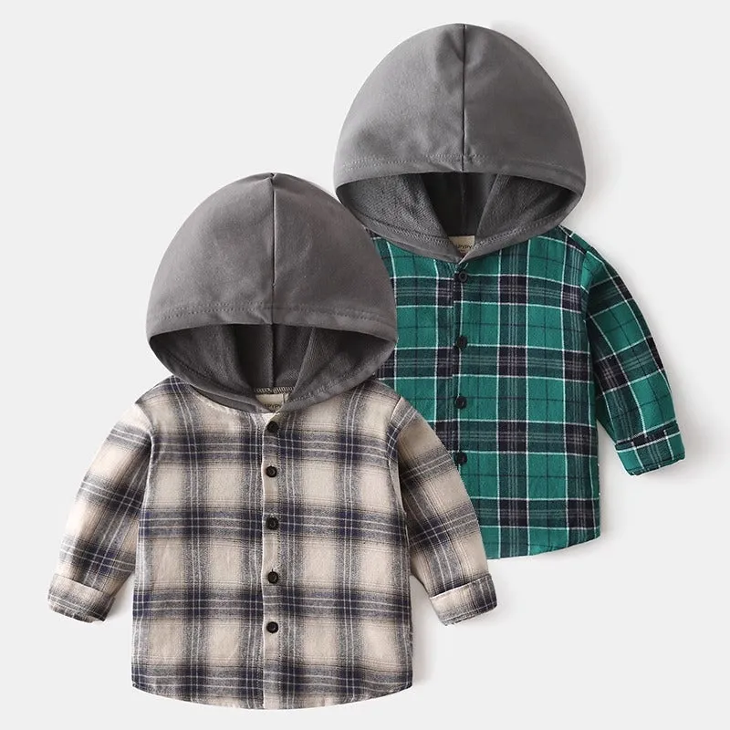 Plaid Hooded Cotton Casual Trendy Baby Boy's Shirt