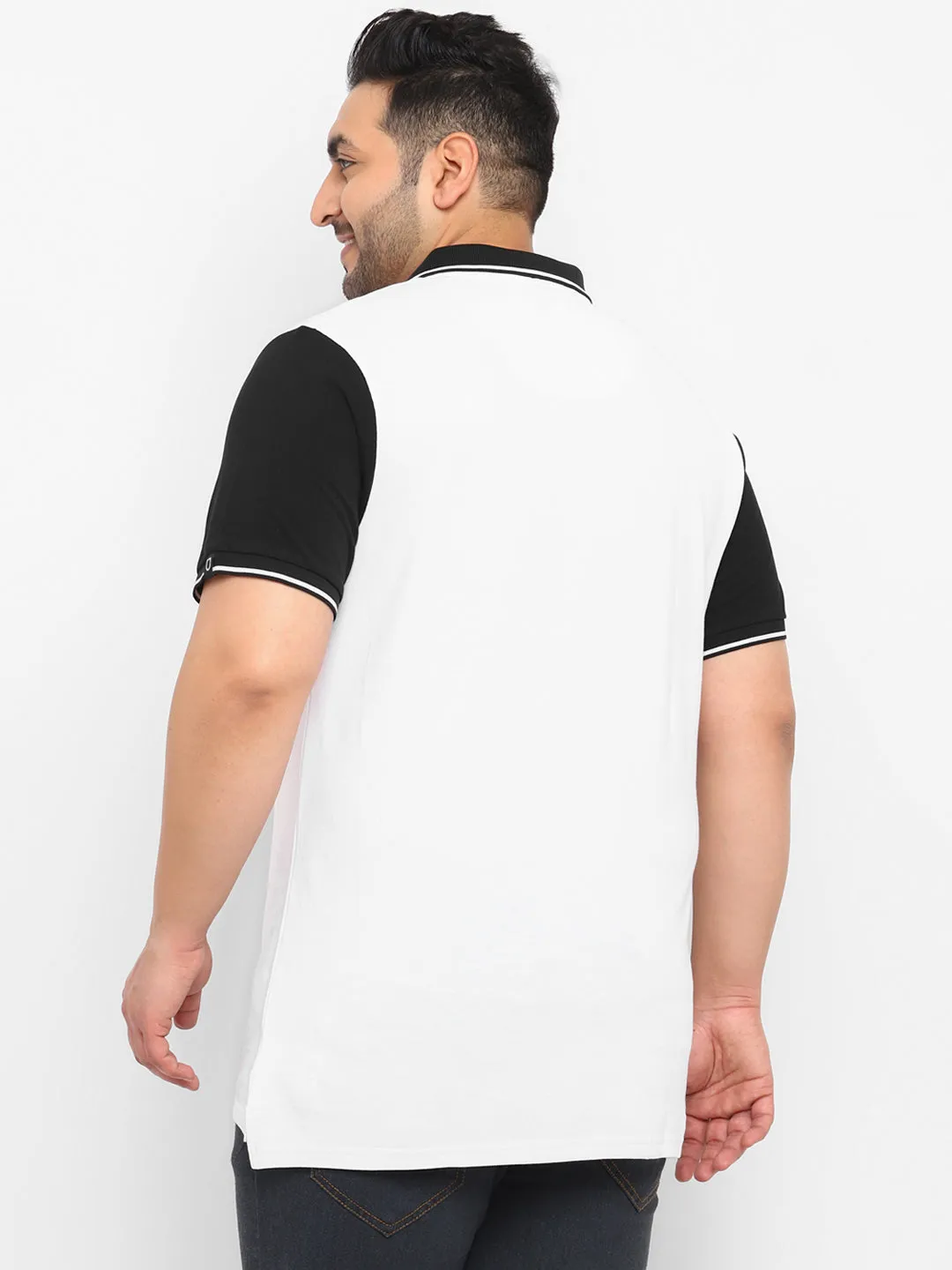 Plus Men's White, Black Colour-Block Regular Fit Half Sleeve Cotton Polo T-Shirt