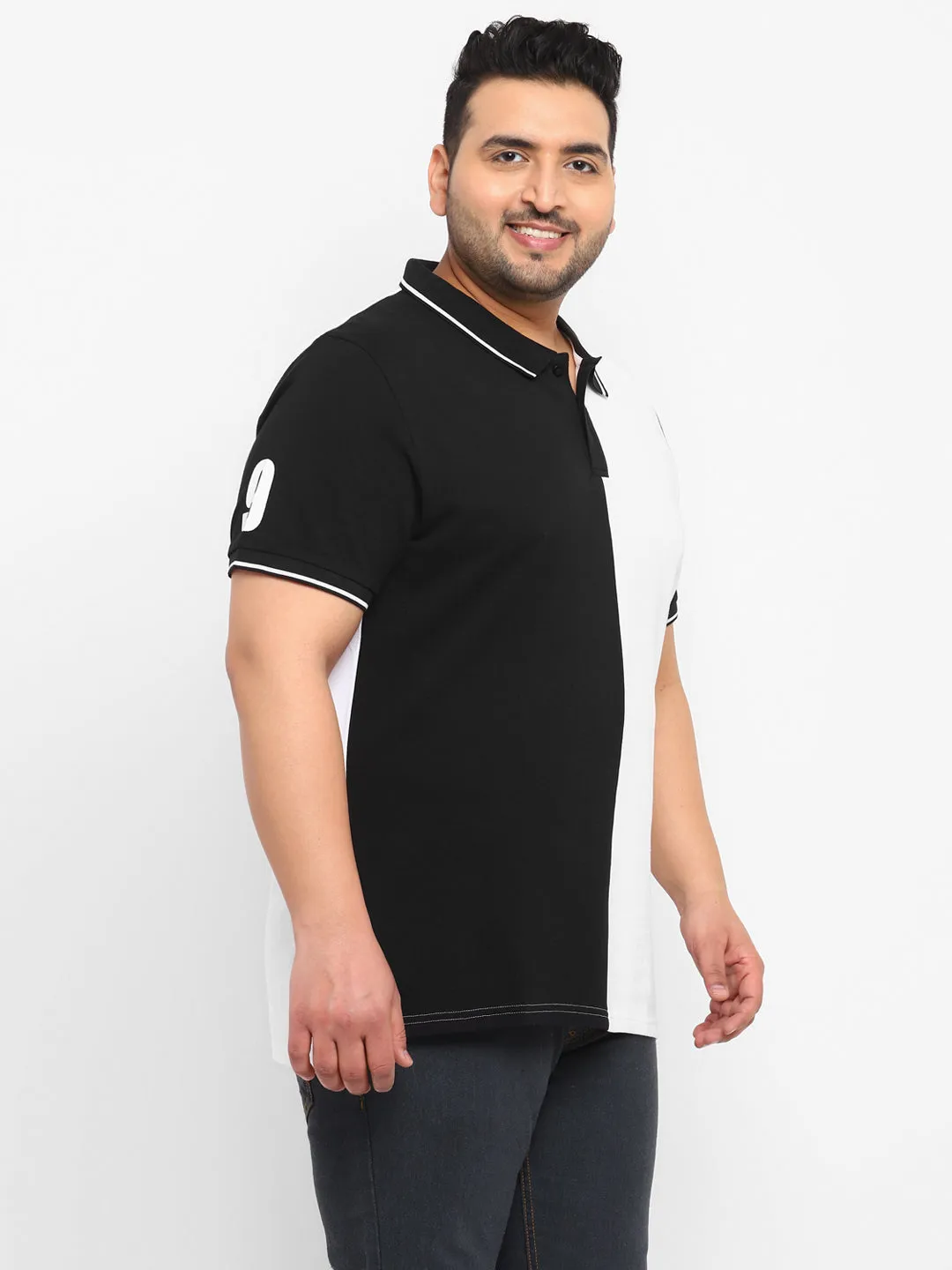 Plus Men's White, Black Colour-Block Regular Fit Half Sleeve Cotton Polo T-Shirt