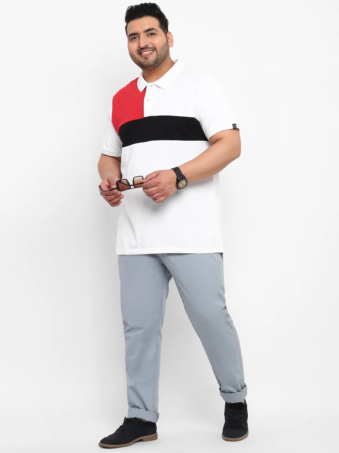 Plus Men's White, Black, Red Colour-Block Regular Fit Half Sleeve Cotton Polo T-Shirt