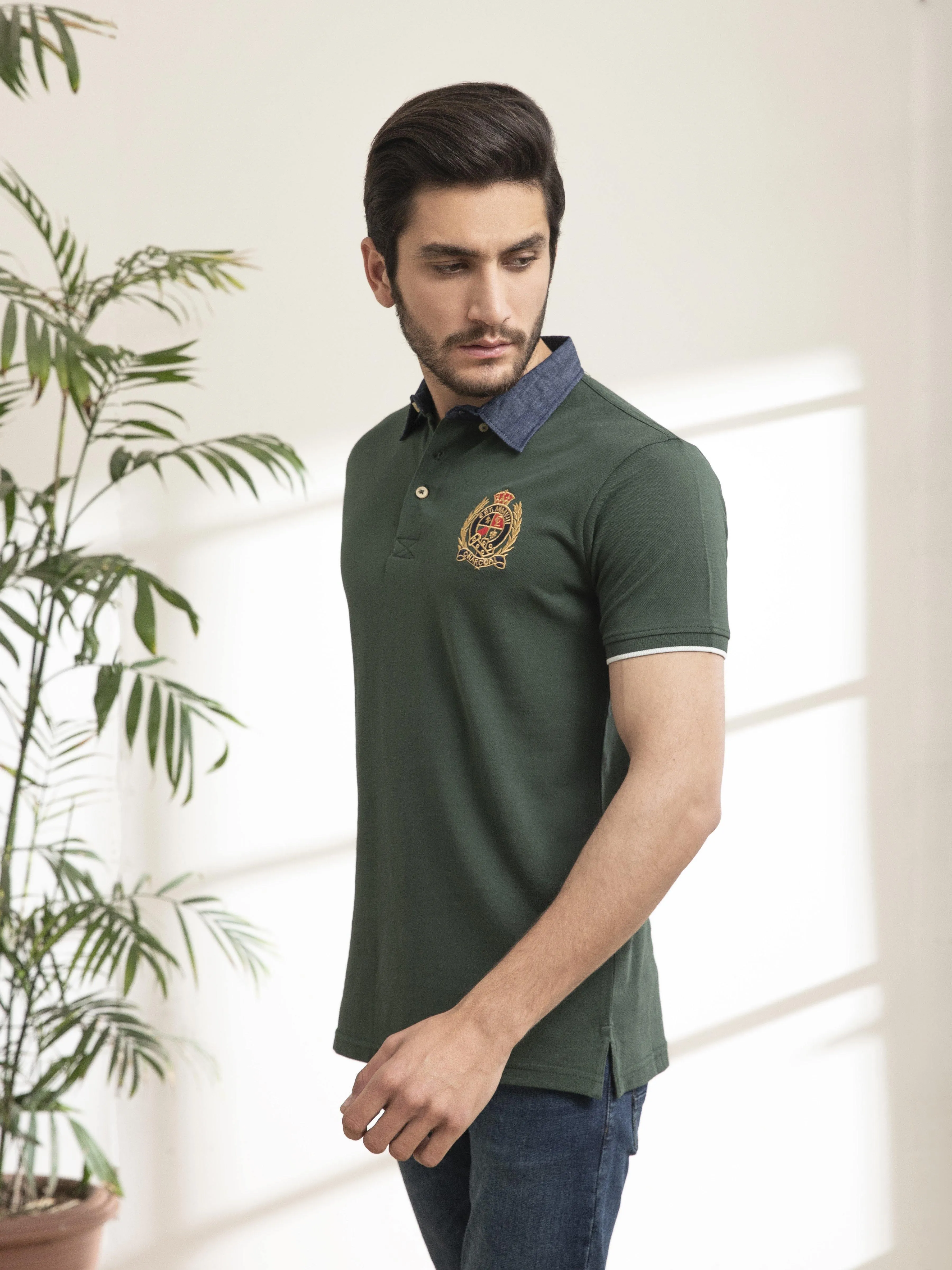 POLO SHIRT DENIM COLLAR HIDDEN GREEN