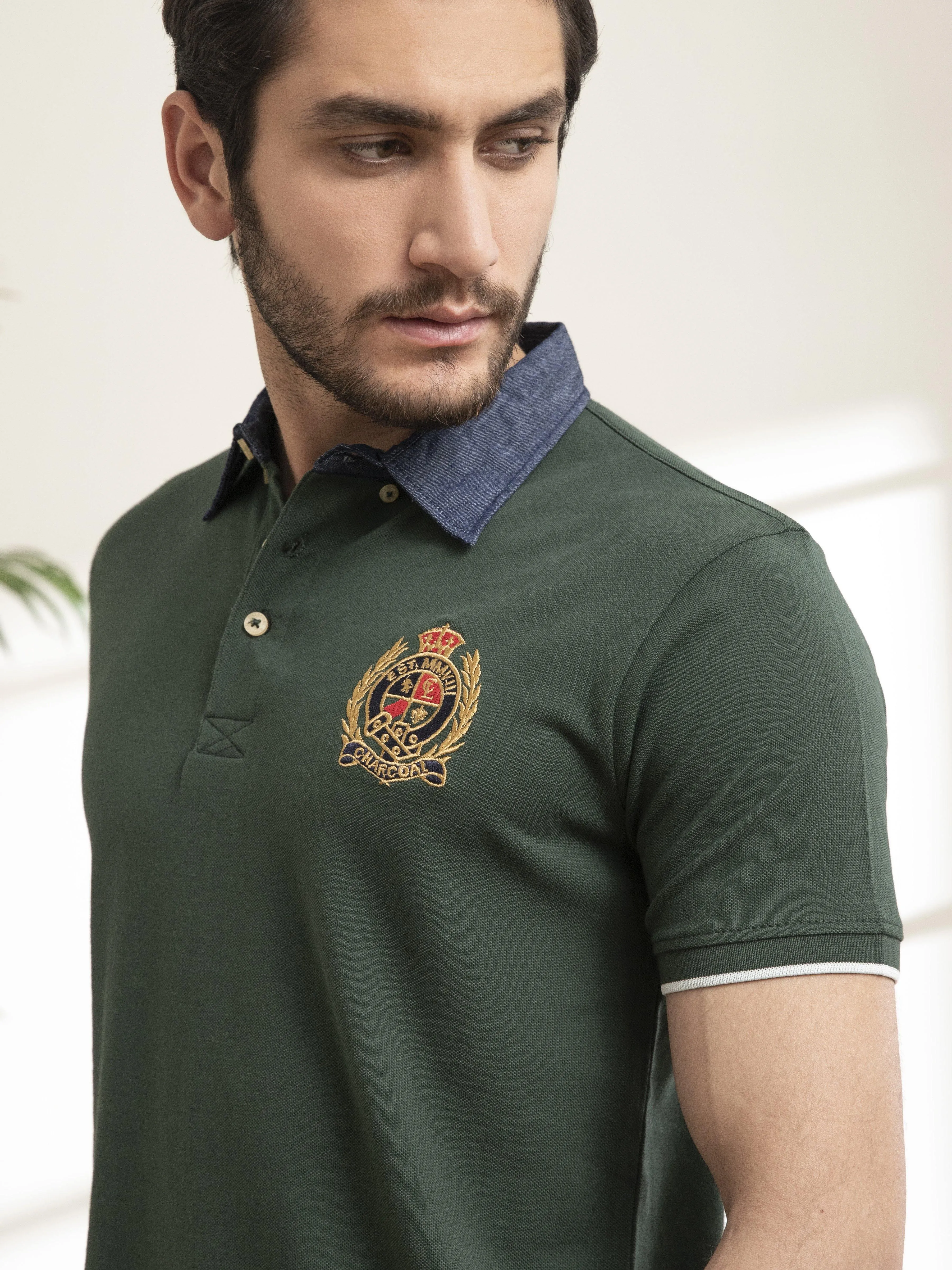 POLO SHIRT DENIM COLLAR HIDDEN GREEN