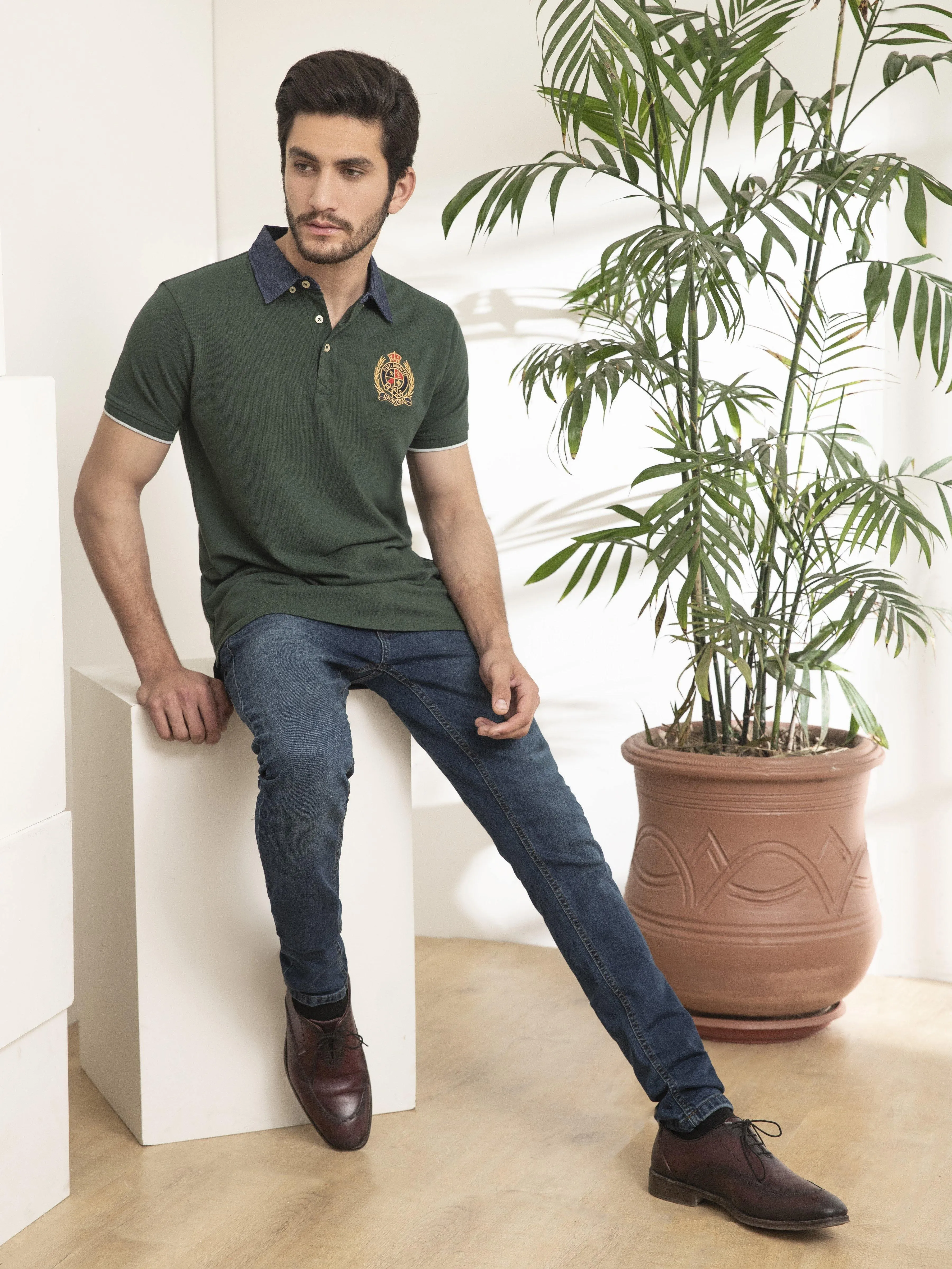POLO SHIRT DENIM COLLAR HIDDEN GREEN