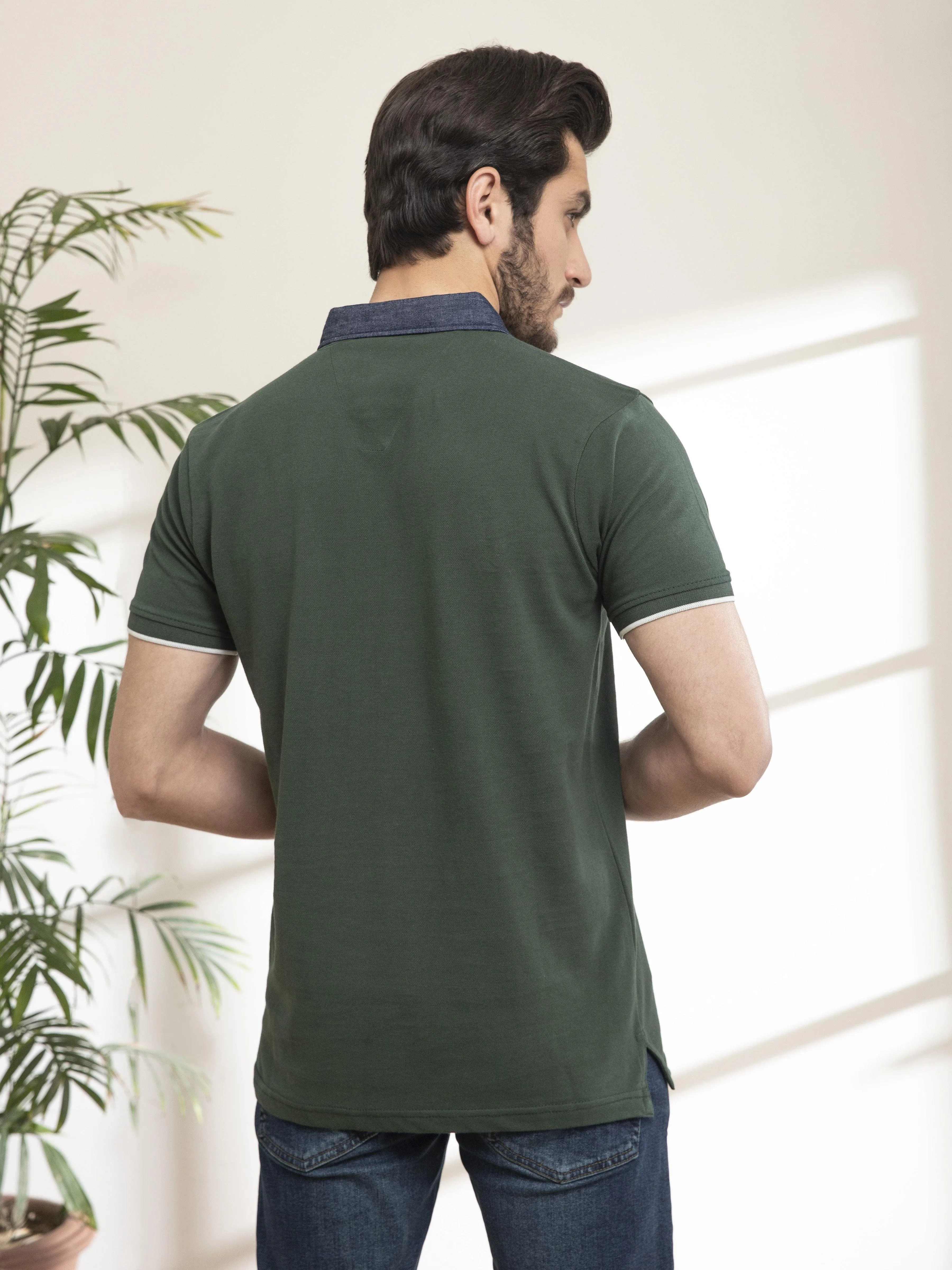 POLO SHIRT DENIM COLLAR HIDDEN GREEN