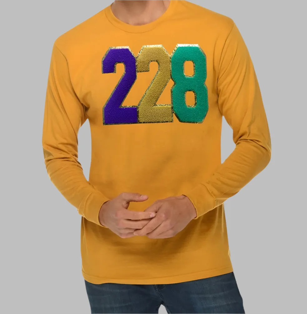 "Mardi Gras Magic: Gold Long Sleeve T-Shirt with Grand Embroidered Patch"