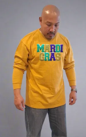 "Mardi Gras Magic: Gold Long Sleeve T-Shirt with Grand Embroidered Patch"