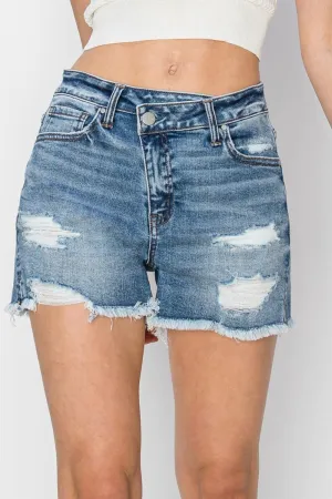 RISEN Crossover Waistband Frayed Denim Shorts