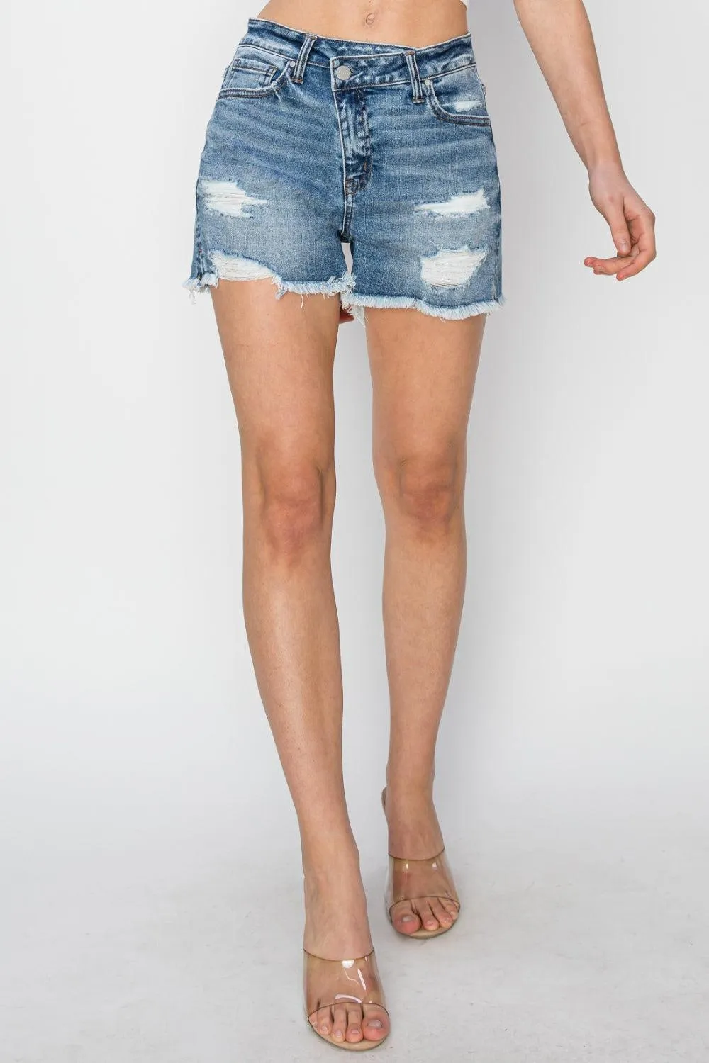 RISEN Crossover Waistband Frayed Denim Shorts