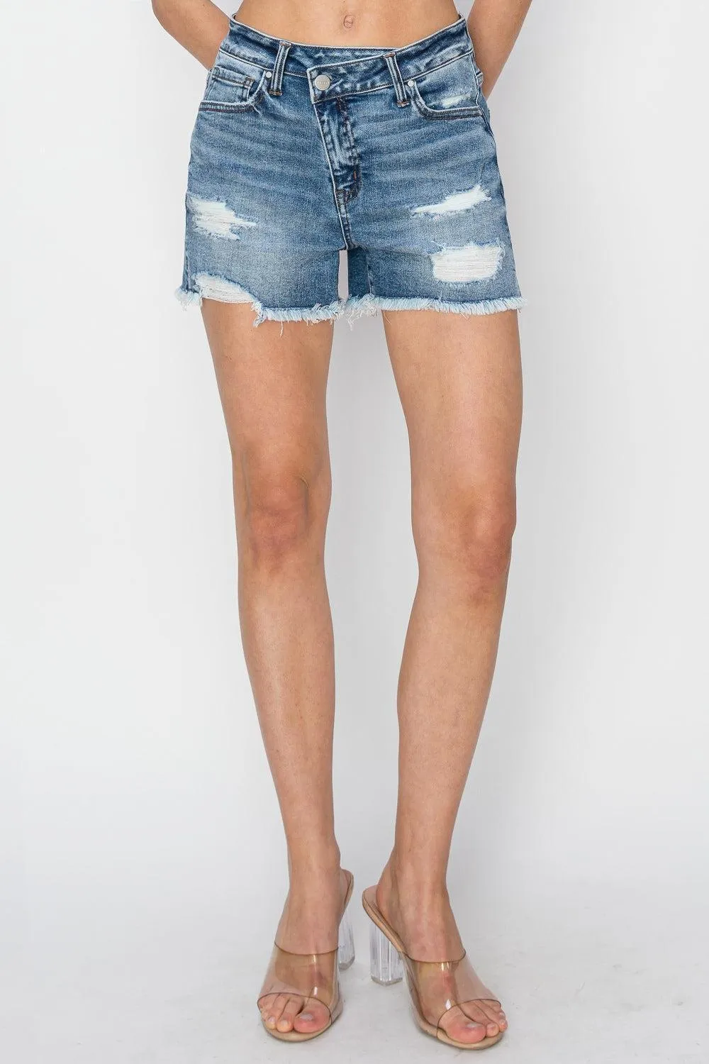RISEN Crossover Waistband Frayed Denim Shorts