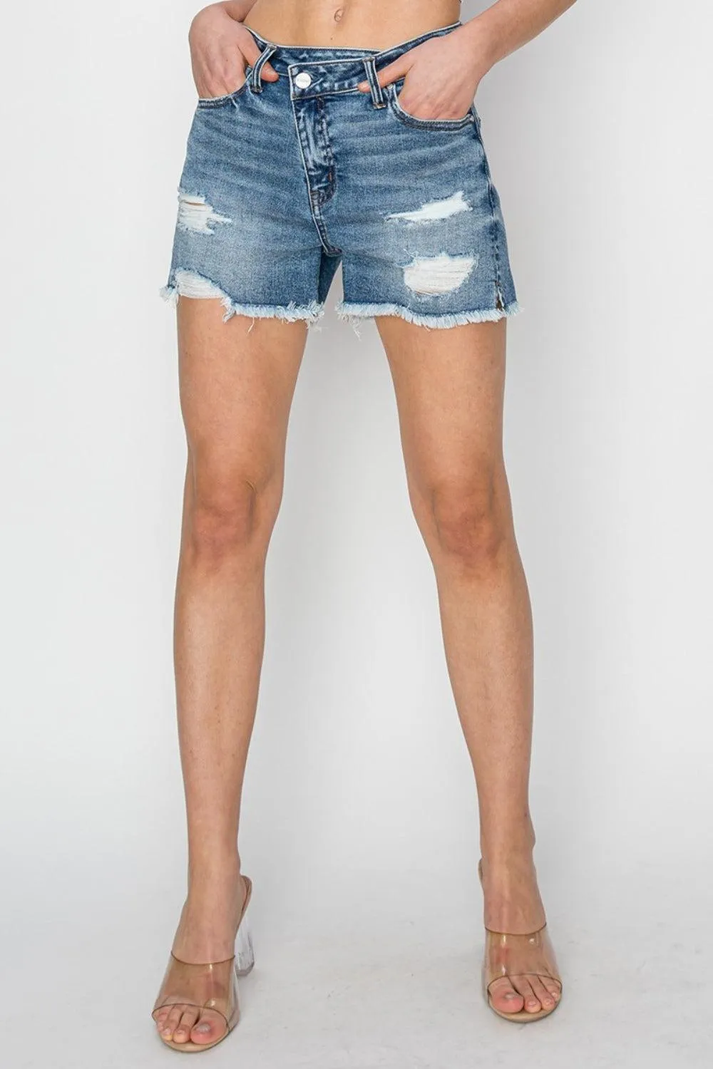 RISEN Crossover Waistband Frayed Denim Shorts