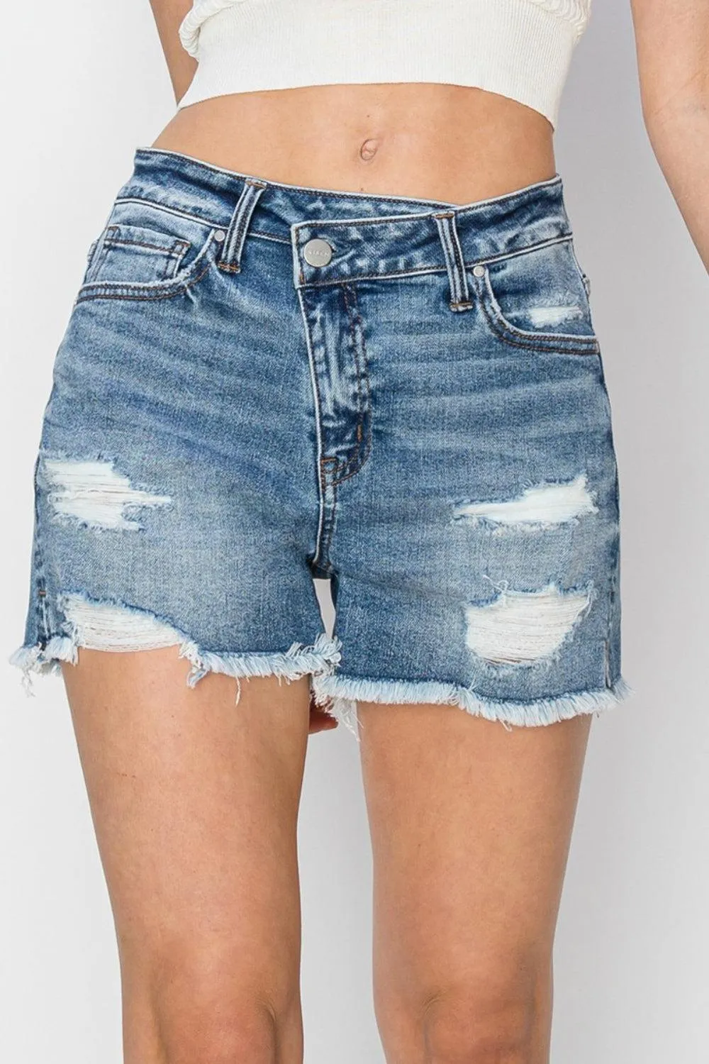 RISEN Crossover Waistband Frayed Denim Shorts