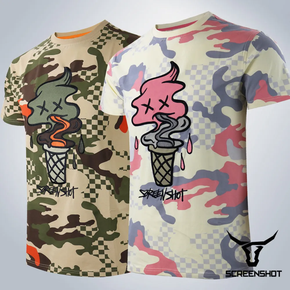 S11376-CHECKER CAMO TRENDY T-SHIRTS (OLIVE)
