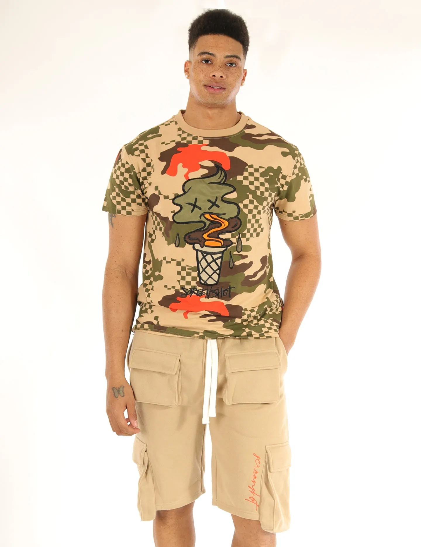 S11376-CHECKER CAMO TRENDY T-SHIRTS (OLIVE)