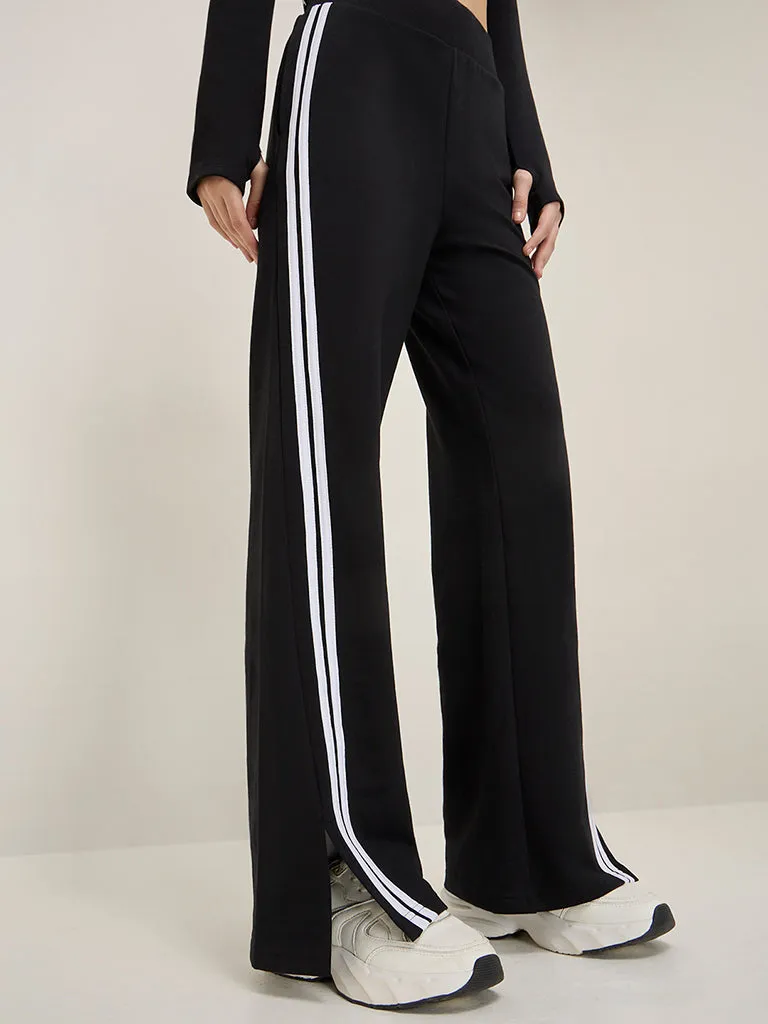 Studiofit Black Striped High-Rise Cotton-Blend Track Pants