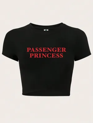 SXV Letter Printed Crop Top Slim Fit T-Shirt PASSENGER PRINCESS Graphic Tees Women Tops