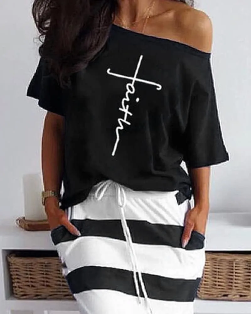 TIAFORD Women's 2 Piece Casual Sets Anchor T Shirts and Striped Elastic Waist Drawstring Maxi Skirt Suits