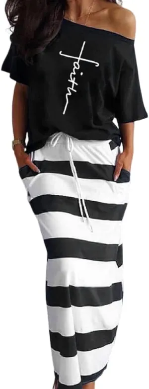 TIAFORD Women's 2 Piece Casual Sets Anchor T Shirts and Striped Elastic Waist Drawstring Maxi Skirt Suits