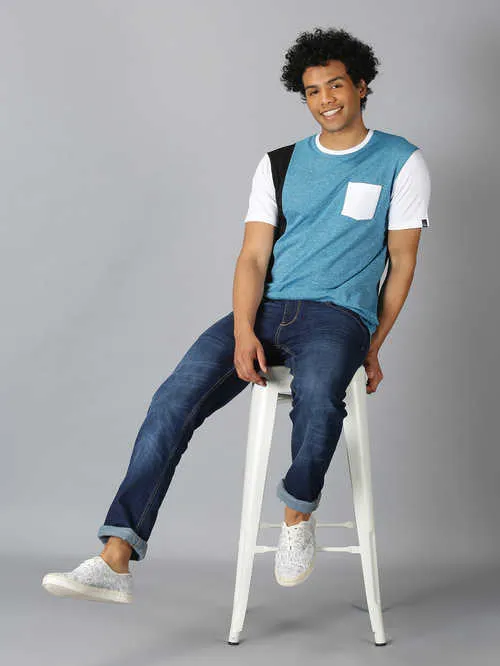 UrGear ColorBlock  Men Round Neck Blue  T-shirt