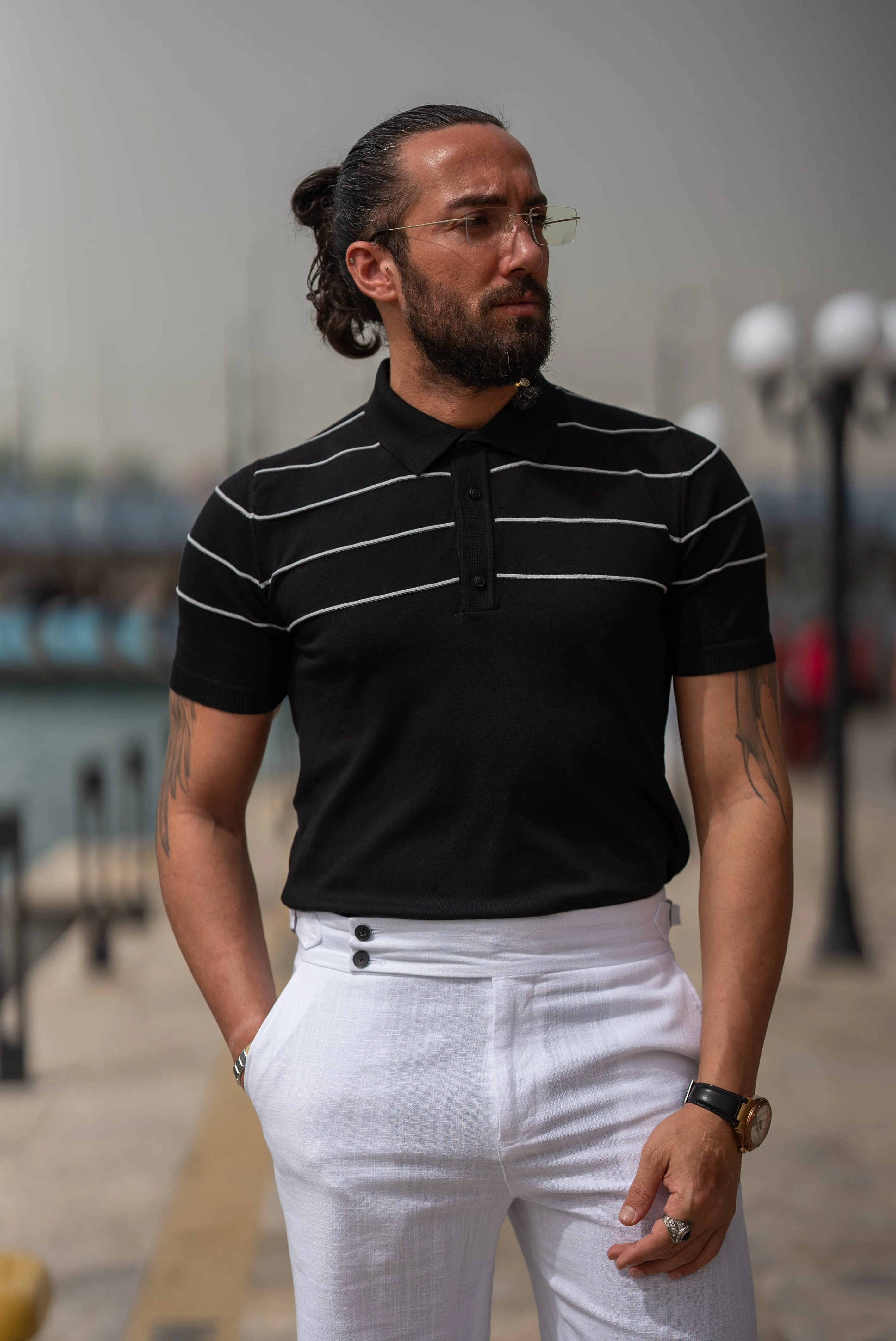 Watt Slim Fit Black Stripe Polo Tees