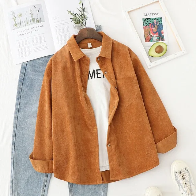 Women Corduroy Blouse Shirt Tunic Long Sleeve Button Up Down Loose Top