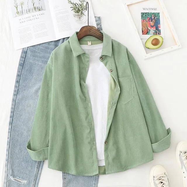 Women Corduroy Blouse Shirt Tunic Long Sleeve Button Up Down Loose Top