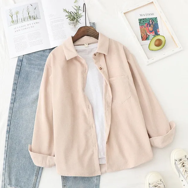 Women Corduroy Blouse Shirt Tunic Long Sleeve Button Up Down Loose Top