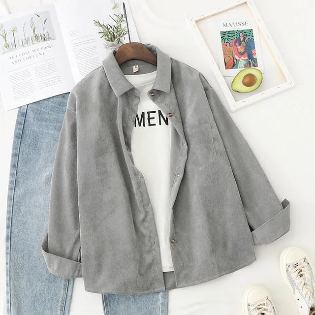 Women Corduroy Blouse Shirt Tunic Long Sleeve Button Up Down Loose Top