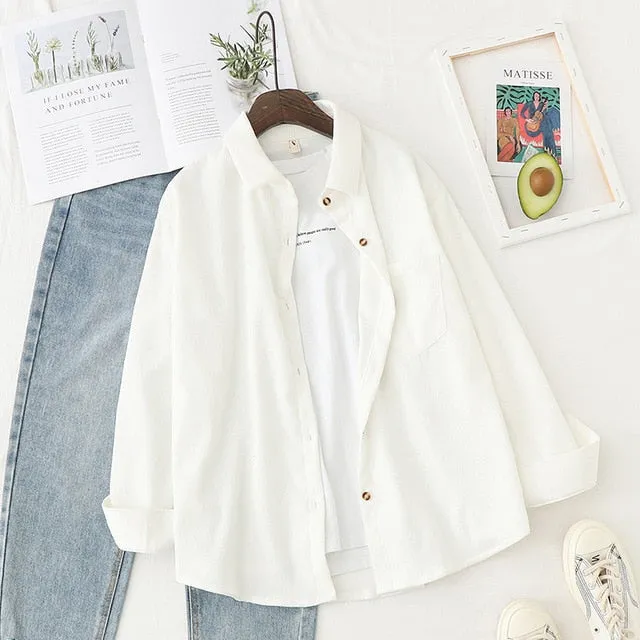 Women Corduroy Blouse Shirt Tunic Long Sleeve Button Up Down Loose Top