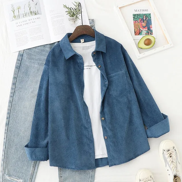 Women Corduroy Blouse Shirt Tunic Long Sleeve Button Up Down Loose Top
