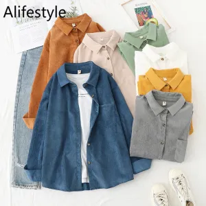Women Corduroy Blouse Shirt Tunic Long Sleeve Button Up Down Loose Top