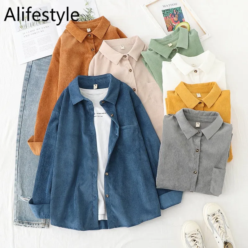 Women Corduroy Blouse Shirt Tunic Long Sleeve Button Up Down Loose Top
