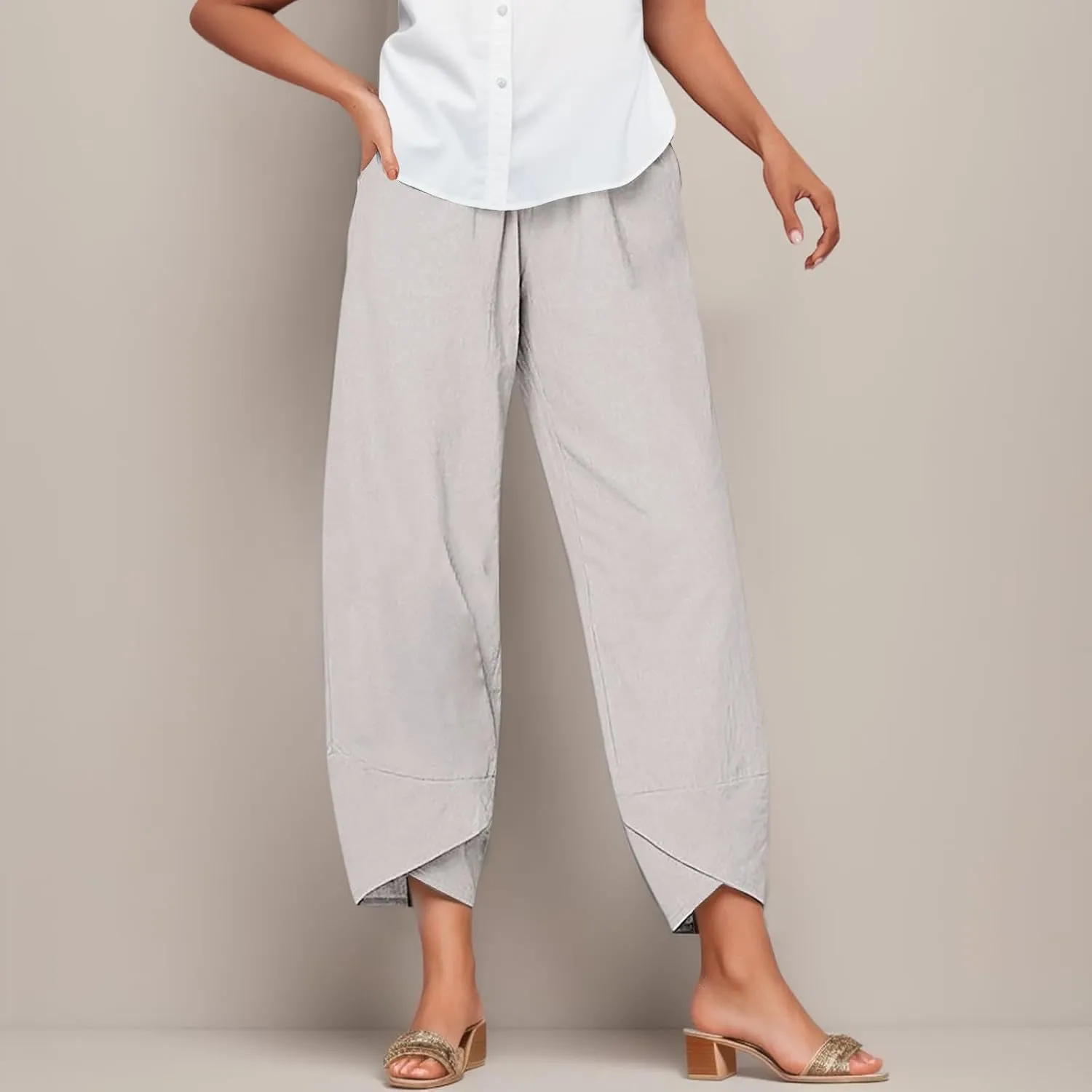 Women Linen Pants Casual Summer Loose Fit Beach Solid Color Plus Size High Waist Linen Pants Stretch Trousers with Pockets